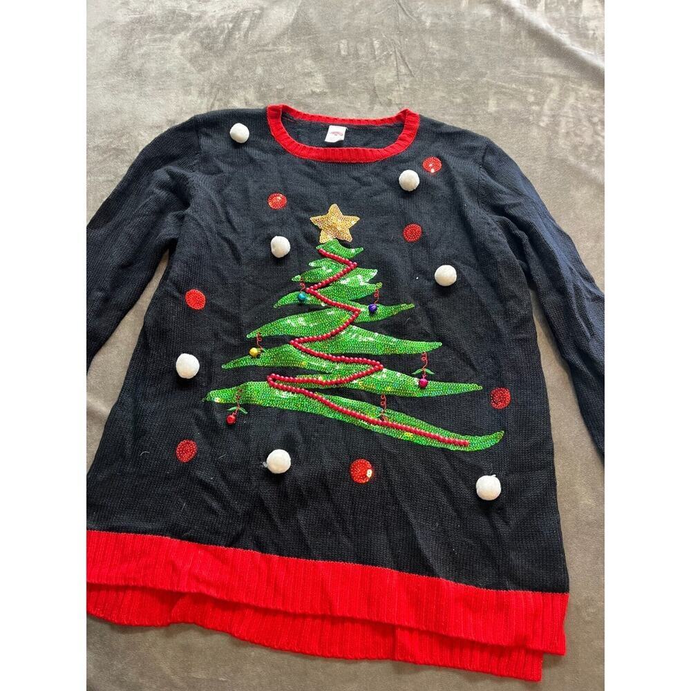 Holiday Time Women's L 12-14 Black Pullover Sweater With Christmas Tree Design